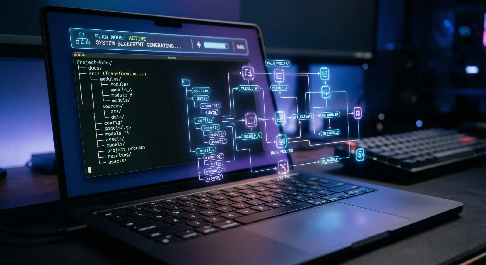 Claude Code plan mode interface showing research and implementation phases in a terminal workflow